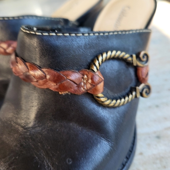 Coldwater Creek Black & Brown Leather Block Healed Mules Western Design Size 6 - Picture 4 of 9